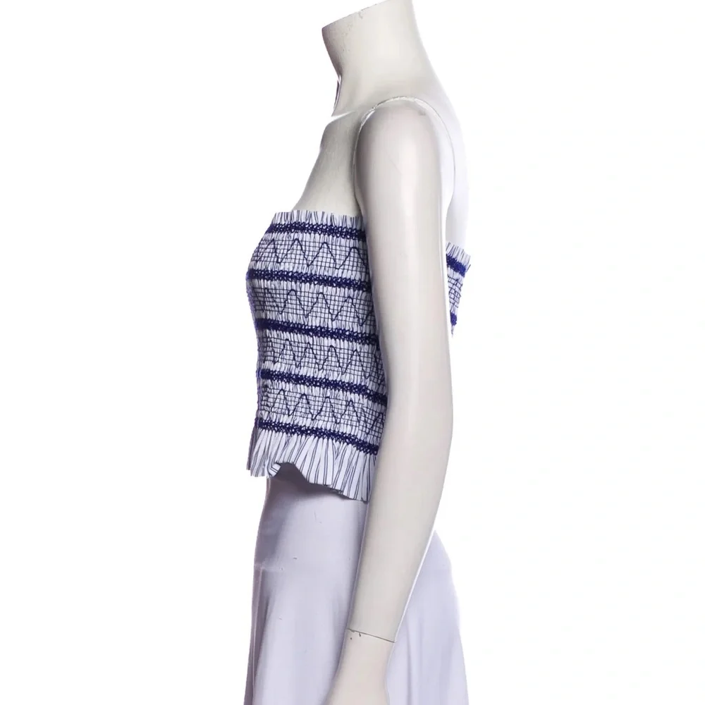 Christian Lacroix White‎ Navy Strapless Smocked Crop Top boho festival